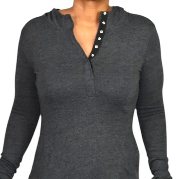 Noctex Henley Sweater Dress Grey Charcoal Wool Midi Hooded Pockets Side Slits XS - Picture 4 of 15